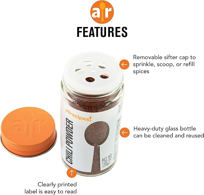 Allrecipes Taste of Asia (Chili Powder, Chinese Five Spice, Ground Ginger) in Glass Jars with Removable Sifter Caps for Sprinkling, Set of 3 - Image 5