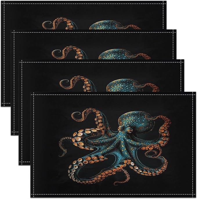 Feelyou Blue Black Octopus Placemats Set of 4 12"x18" Tentacles Table Mats Placemat Room Decor Ocean Kraken Placemats for Dining Table Indoor Outdoor Kitchen Sealife Sea Animal Decor Table Place Mats by Feelyou