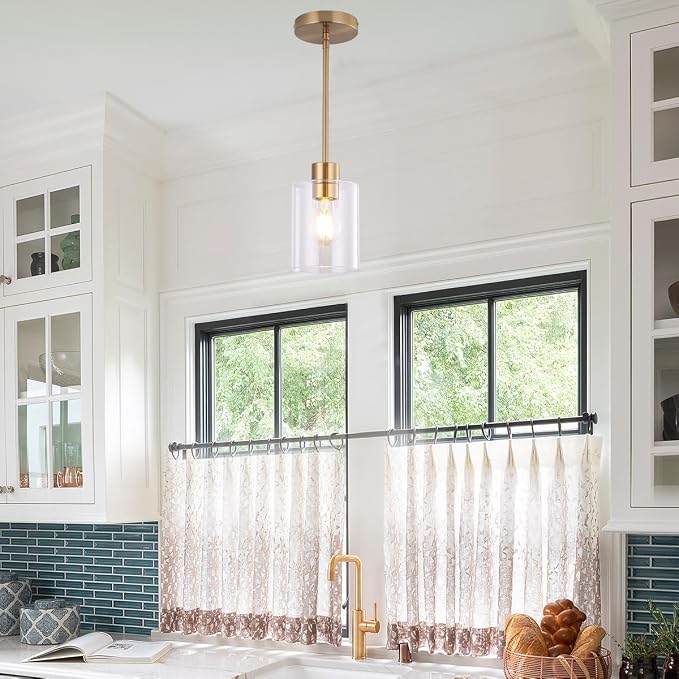 Brass Pendant Light for Kitchen Island 1 Pack, Modern Gold Hanging Light with Adjustable Rod, Farmhouse Brass Pendant Lighting for Dining Room Sink, Brass Rod Ceiling Hanging Light Fixture - Image 2