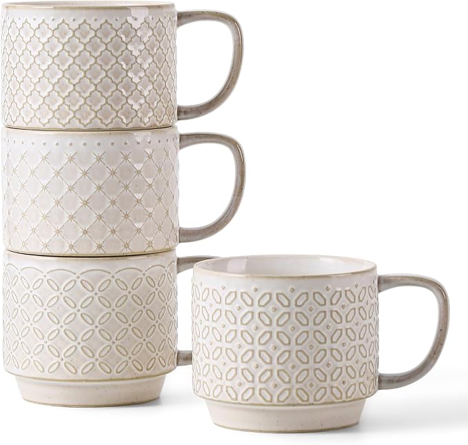 DOWAN 12oz Coffee Mugs Set of 4, Ceramic Coffee Mugs, Stackable Cappuccino Cups, Microwave Safe and Large Handle, Office and Home Use by DOWAN