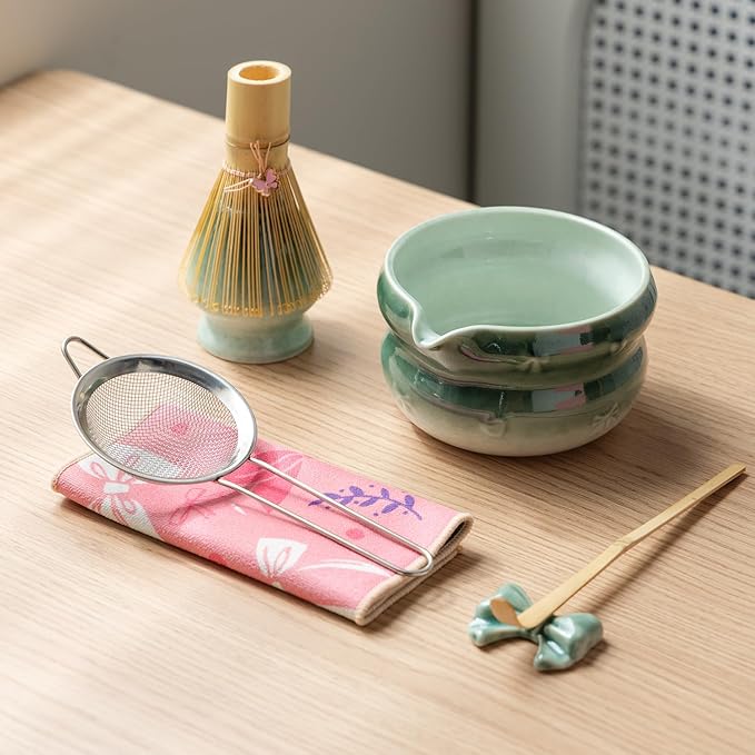 Matcha Kit 7-Pcs matcha whisk set, Measuring Spoon, Japanese Tea Making Tools,Cha, tea bowl, pink matcha set (dark blue)