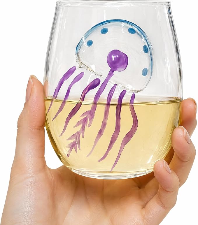 Ocean Themed Jellyfish Hand-Blown Coastal Glassware for Gifts | Ocean Themed Octopus Glassware Hand Blown Coastal Stemless Wine Glasses—Unique Coastal Decor Gift for Ocean Lovers - Image 9