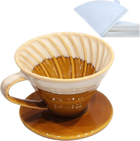Handmade Ceramic Pour Over Coffee Dripper with 50 Pcs Coffee Filters - Portable Drip Coffee Brewer for Travel, Camping, Office or Home - Artisanal Pottery Gift for Enthusiasts