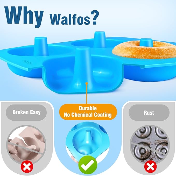 Walfos Full Size Silicone Donut Mold for Baking- 4 Inch Big Size Silicone Doughnut Pan Set for Donut Cake Biscuit Bagels, Heat Resistant, BPA FREE and Dishwasher Safe, Non-Stick, Just Pop Out! (4PK)