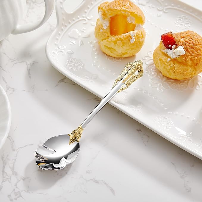 KEAWELL Premium Luxury 4-Piece 6" Tea Spoon Set, 18/10 Stainless Steel, Vintage Coffee Espresso Demitasse Spoons, Smooth Edges, Dishwasher Safe (Gold Accent)