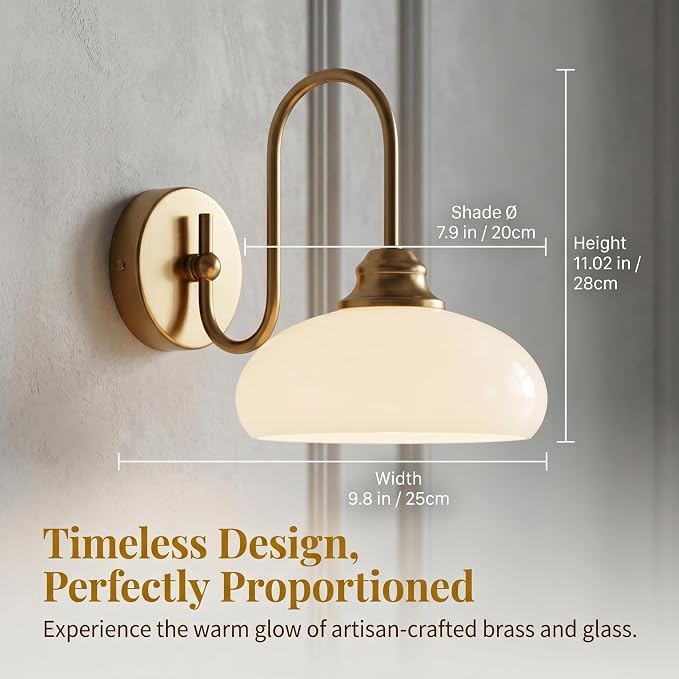 Modern Brushed Brass Wall Sconce Set of 2, 7.9" Smooth Glass Bowl Wall Lamps Hardwired 2 Pack for Bedside, Mid Century Elegant Milk White Glass Vanity Light Above Sink - Image 2