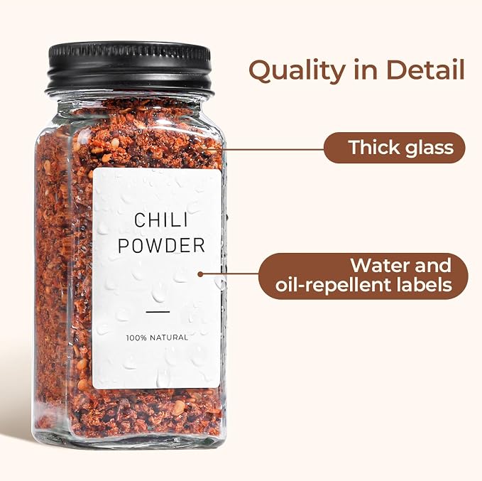ComSaf Glass Spice Jars with with Labels 4 oz 24 Pack Small Square Bulk Set | Empty Containers, Seasoning Herb Powder, Salt Pepper Chili, Spice Rack Organization, Kitchen Cabinet Storage, Funnel Included - Image 5