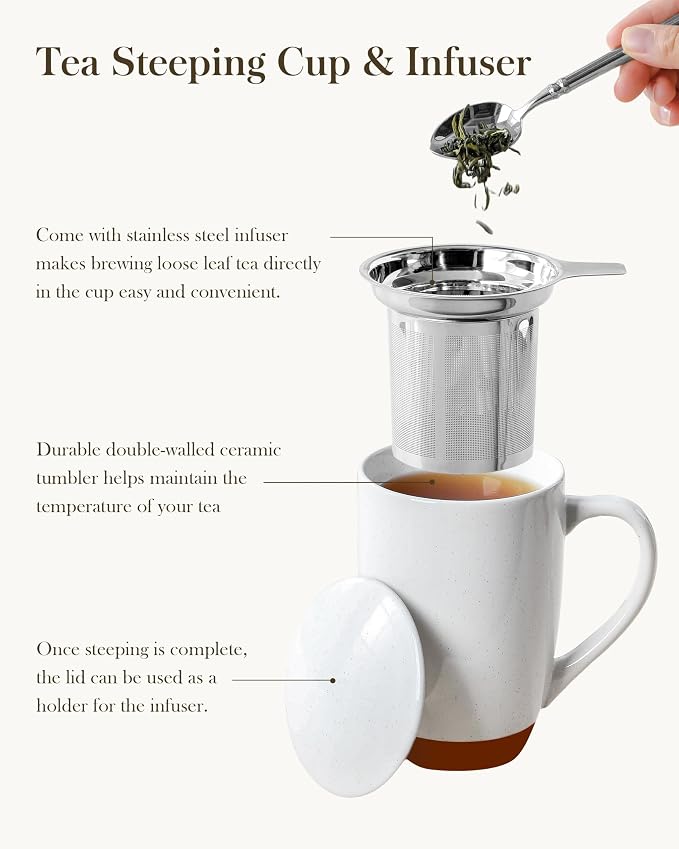 MALACASA Ceramic Tea Mug with Lid and Stainless Steel Infuser, 18 oz Large Tea Cup for Loose Leaf Tea, Heat-Resistant, Microwave & Dishwasher Safe, Speckled Glaze Coffee & Tea Brewer Mug, Khaki White - Image 5