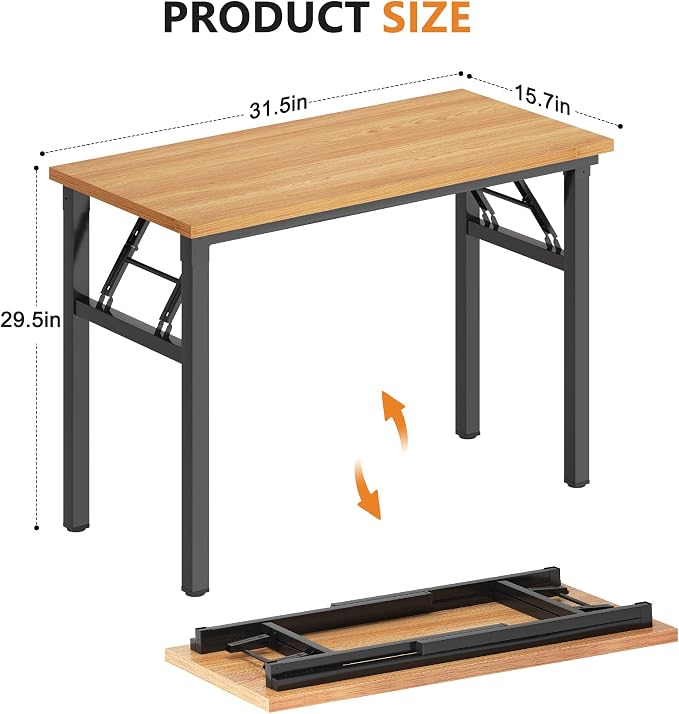 DlandHome 31.5 Inch Small Folding Computer Desk for Home Office, Teak Black | Foldable Writing Table for Small Spaces Bedroom, No Assembly Required, Wood Top Metal Frame, Collapsible Compact Easy Storage - Image 3