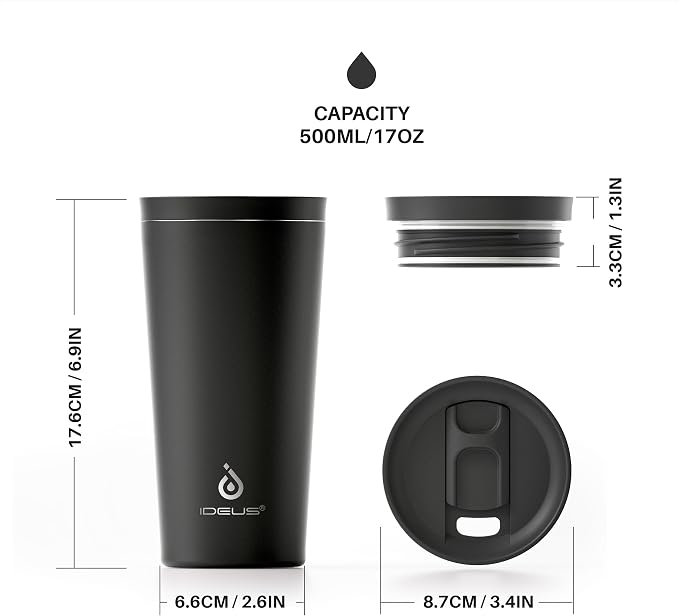 Ideus 17 oz Travel Coffee Mug, Double Wall Vacuum Stainless Steel Insulated Coffee Tumbler With Lid, Splash-Proof & Cup Holder Friendly, Keeps Drinks Hot/Cold, Dishwasher Safe, Black - Image 9
