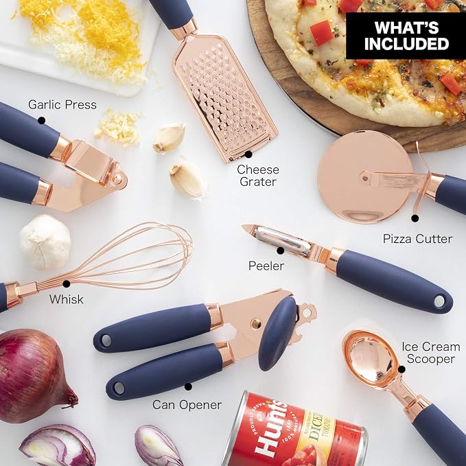 COOK WITH COLOR Kitchen Gadget Set Copper Plated Stainless Steel Utensils with Soft Touch Handles, Copper Navy, 7 Pieces - Image 2