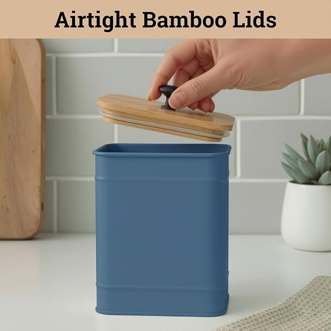Kitchen Canisters for Countertop Set of 4 w/ Chalkboard Labels & Marker Pen | Airtight Easy Open Bamboo Lids, Dent-Resistant Thick Metal, Customizable Chalkboard Labels, Marker Pen Included, Set of 4 - Image 4