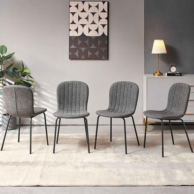 Dining Chair Set of 4, PU Leather Kitchen Chairs, Dark Grey | Black Metal Legs, Curved Backrest, Upholstered, Modern Comfort for Dining Room, Easy Clean, Space-saving, Restaurant & Cafe - Image 3