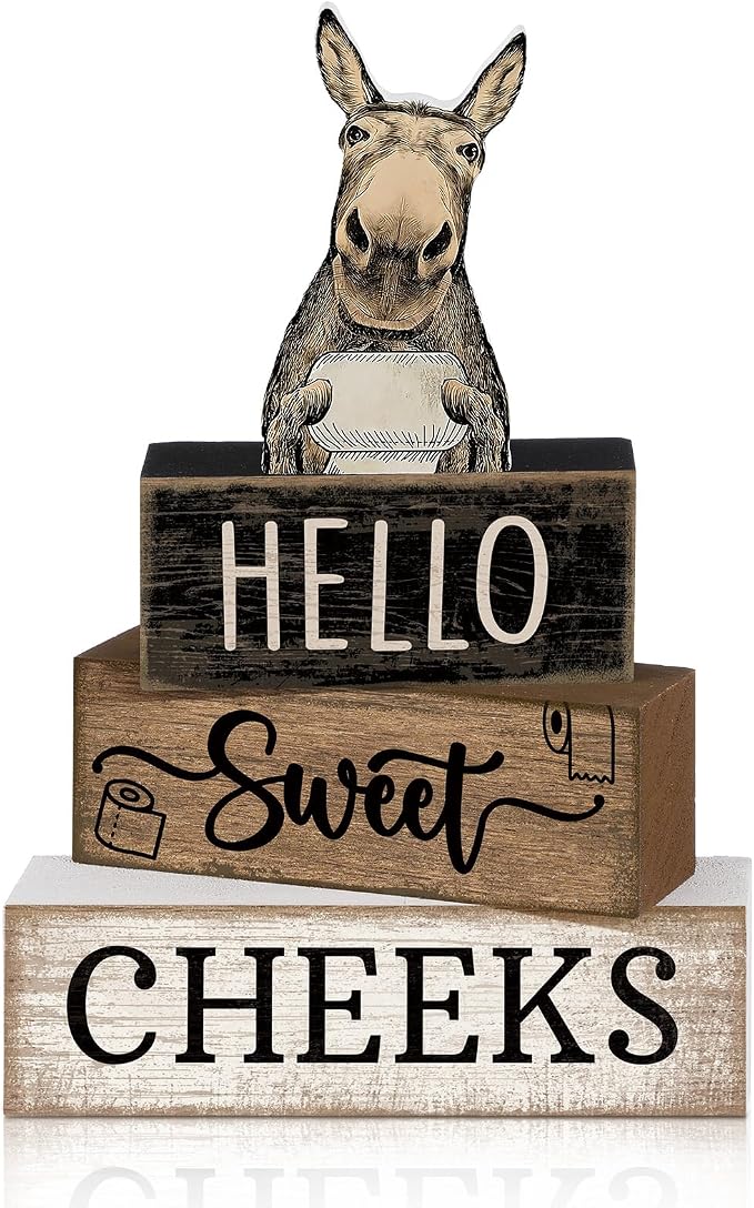 Moucuny 4 Pcs Donkey Bathroom Decor Set Farmhouse Bathroom Decor and Accessories Rustic Hello Sweet Cheeks Wooden Blocks Signs Funny Donkey Toilet Shelf Decoration for Home Office Half Bath by Moucuny