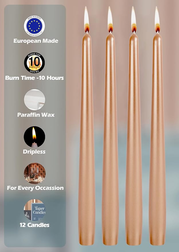 Hyoola 12 Pack Tall Metallic Taper Candles - 12 Inch Copper Metallic, Dripless, Unscented Dinner Candle - Paraffin Wax with Cotton Wicks - Image 3