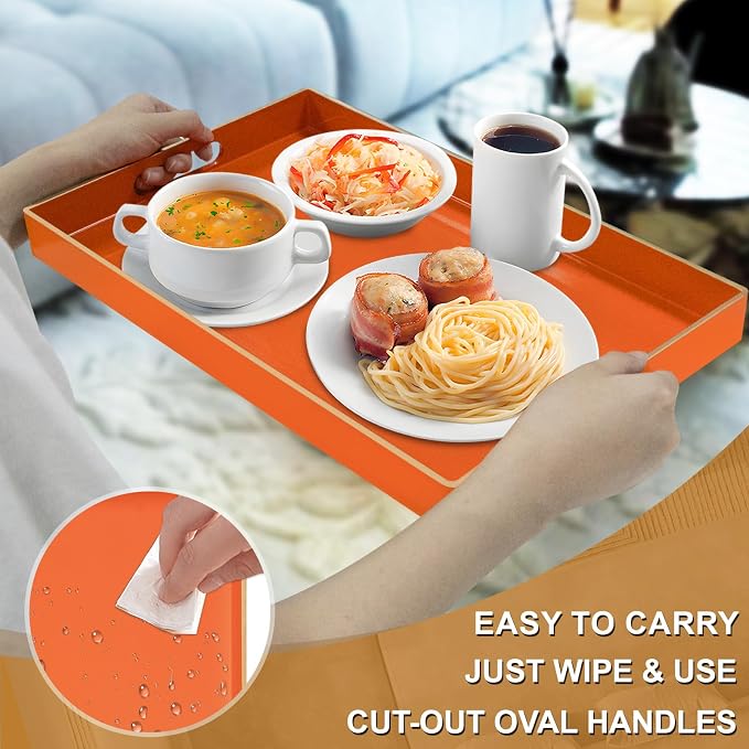 MAONAME Orange Decorative Tray for Coffee Table, Serving Tray with Handles | Plastic Melamine Tray, Modern Ottoman Tray, Rectangular Countertop Organizer Tray for Living Room, 15.8"L x 10.2"W x 1.4"H - Image 3