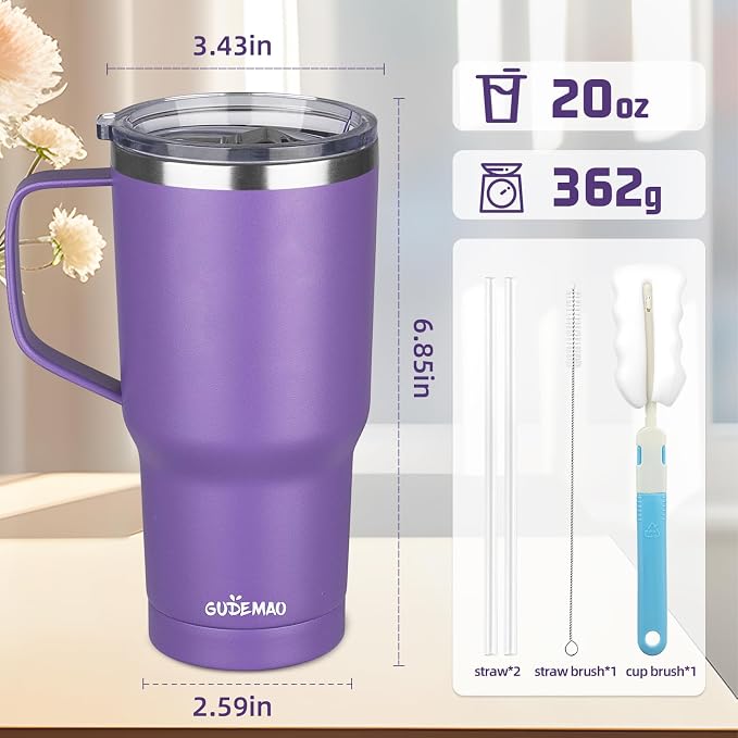 20 oz Insulated Coffee Mug with Ceramic Coating, Stainless Steel Travel Mug Tumbler with Handle Lid and Straw, Double Wall Leak-Proof Coffee Travel Mug Keeps Drink Hot and Cold (Purple) - Image 2