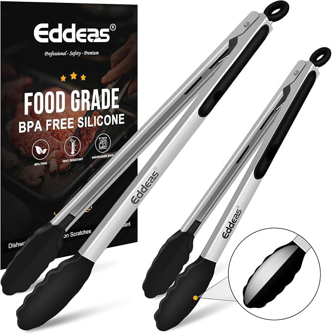 17 & 12 Inch Extra Long Kitchen Tongs with Silicone Tips, Heat Resistant 600 Degrees Silicone Tong, Stainless Steel Tongs for Cooking, Food, Bbq, Grilling, Barbecue, Dishwasher 2 Pack by Eddeas