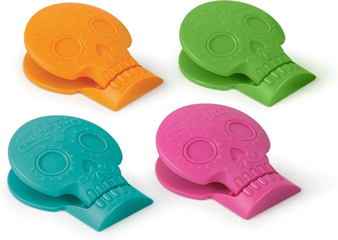 Genuine Fred SNACK SPIRITS Bag Clips, Set of 4, Molded Day of the Dead skull design, Dio de los Muertos, Colorful Calaveras, Bag Clips for food storage - Image 2