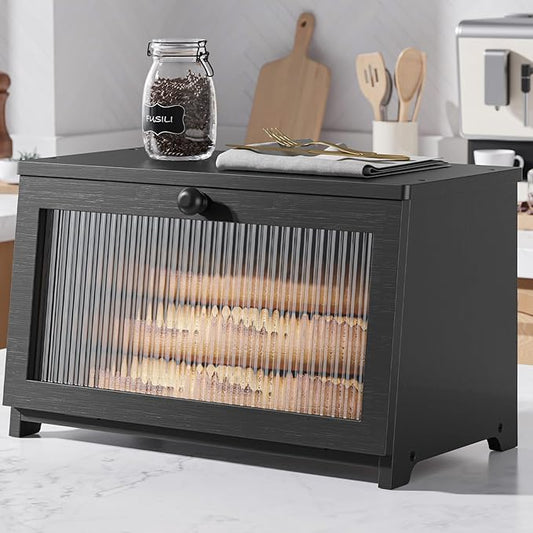 Kitsure Wooden Bread Box for Kitchen Countertop, 1-Tier, Black | Large Capacity Kitchen Countertop Organizer, Stylish Bread Storage with Window, Multi-functional Container by Kitsure