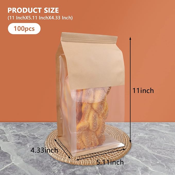 WOPPLXY 100 Pcs Bakery Bags with Window, 5.11 x 11 x 4.33 Inch Brown Kraft Paper Tin Tie Tab Lock Candy Bags Brown Window Bag, Small Kraft Paper Bag for Coffee Food Candy Gift Packaging Party - Image 2