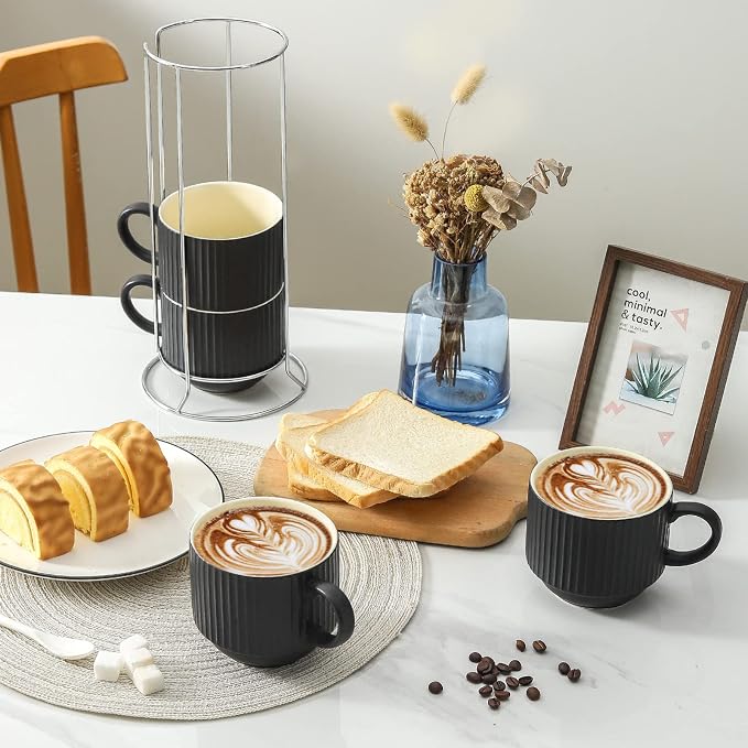HASENSE Coffee Mug Ceramic Set of 4 with Stand, Stackable Large Latte Cups with Metal Stand, Dishwasher & Microwave Safe, Black for Cappuccino Tea Hot Cocoa - Image 9