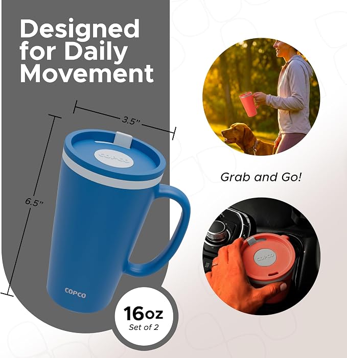 Copco Cone Desk Mugs, 16 Oz - Coral Red & Blue, Set of 2 | Double Wall Insulated Mugs with Twist Lids, Spill Resistant Drinkware with Handles for Home Office, Work, Tea & Beverages - Image 2