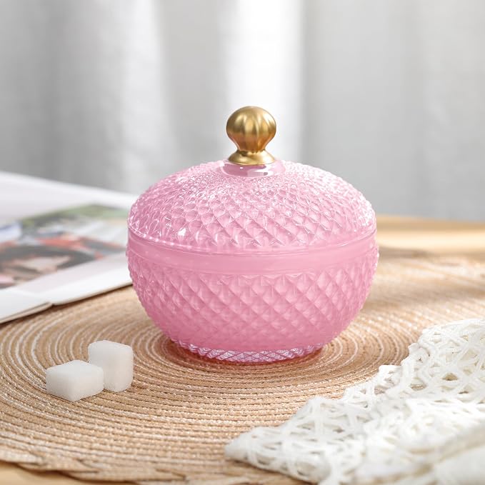 Joeyan 12 oz Small Pink Glass Jewelry Box Jars with Lid,Embossed Glass Candy Dishes,Diamond Faceted Food Container,Decorative Apothecary Canisters,Colored Kitchen Bathroom Buffet Storage Organizer - Image 8