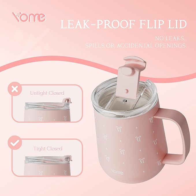YOME 10oz Bow Light Pink Insulated Coffee Mug with Handle for Women | Ceramic Lined Coffee Mug with Splash-Resistant Lid| Pure Taste Stainless Steel Coffee Cup | Easy to Clean | Keeps Drinks Cold - Image 5