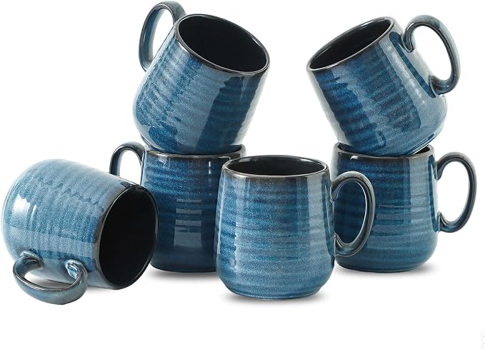 Coffee Mugs, 15 Ounce Ceramic Coffee Mug Set of 6, Reactive Glaze Tea Cups with Handle for Milk, Hot Cocos, Latte, Cappuccino, Blue Cup Gift for Man and Women, Dishwasher and Microwave Safe by JINGUS
