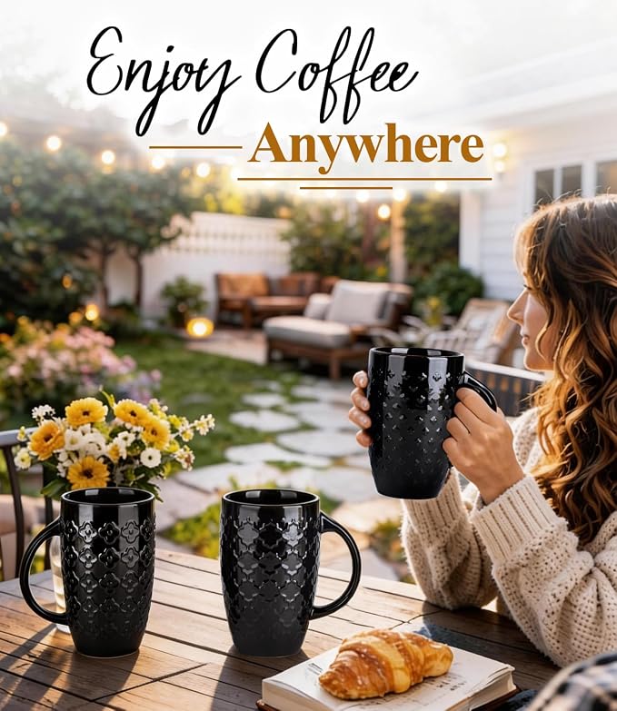 AmorArc Large Coffee Mugs Set of 6, 20oz Tall Coffee Mugs Set | with Texture Patterns for Cappuccino, Latte,Hot Cocoa, Dishwasher & Microwave Safe-Black - Image 7