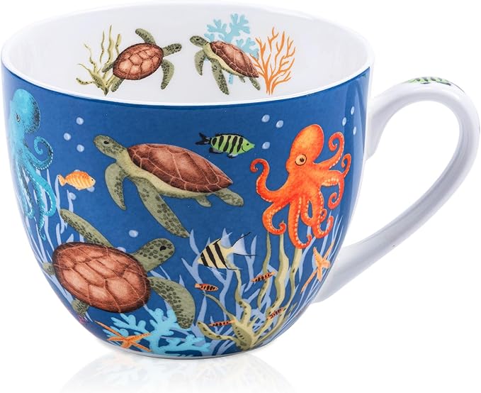 Summer Ocean Wonders Hug Mug - 20oz Deep Blue Bone China Coffee Mug with Sea Turtle, Octopus and Tropical Fish, Marine Life Themed Gift for Ocean Lovers, Designed in England by Harvest Green Studio by MFoffice