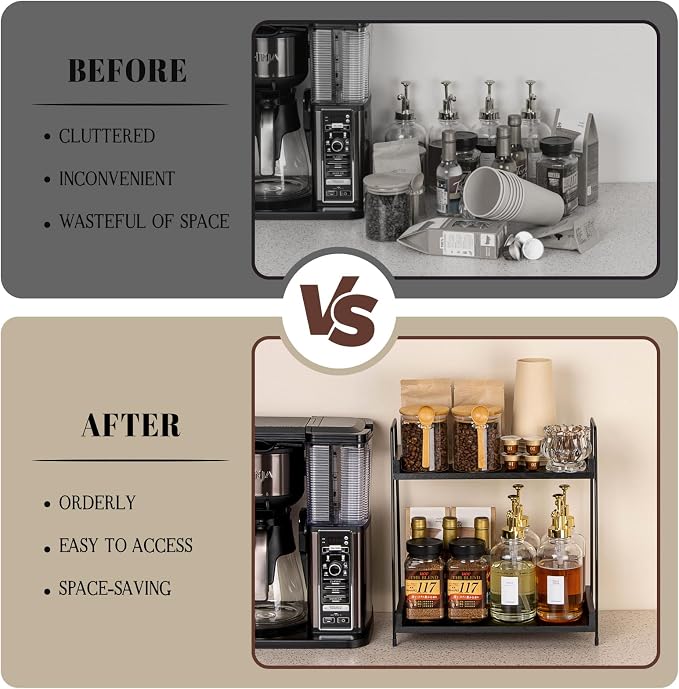 ANBOXIT 2-Tier Coffee Station Organizer, Wooden Kitchen Counter Shelf | for Coffee Bar Accessories, Condiment Storage Caddy for Kitchen, Home, Office - Black - Image 4