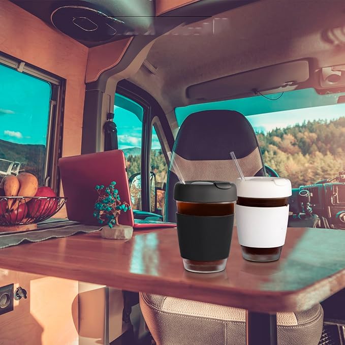12 oz Glass Coffee Cup with Lid and Sleeve, Black Travel Coffee Mug for Hot or Iced Drinks, Reusable Travel Tumbler for Home, Office, or On The Go, Leak Proof, BPA Free