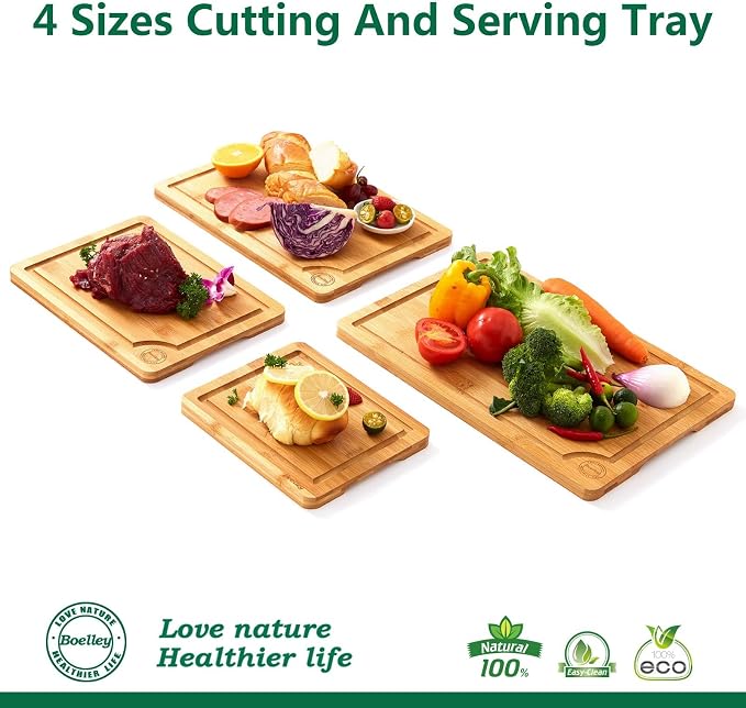 Wooden Cutting Boards for Kitchen-Bamboo Cutting Board Set with Juice Groove-Charcuteries & Chopping Butcher Block for Meat,Vegetables,Fruits Serving ideas Home Cooks Kitchen Gift 4Pack (S,M,L,XL) - Image 3