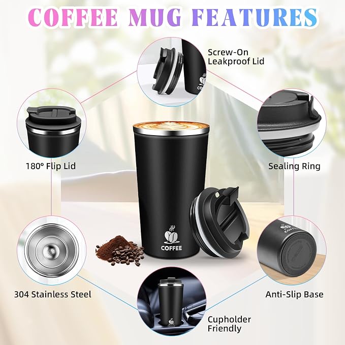 17oz Insulated Travel Coffee Mug with Flip Lid ¨C Leakproof Stainless Steel Insulated Coffee Tumblers, Reusable Coffee Cup for Hot & Cold Drinks, Perfect for Camping & On-the-Go - Image 9
