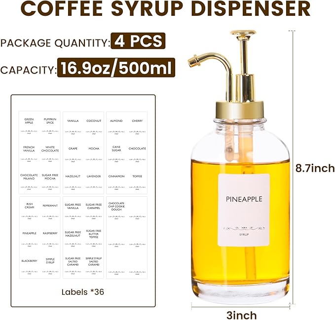 BIGIVACA Coffee Syrup Dispenser 16.9 oz 500 ml - 4 Pack Glass Bottles with Gold Pumps and Labels for Cafe or Home Bar, Kitchen