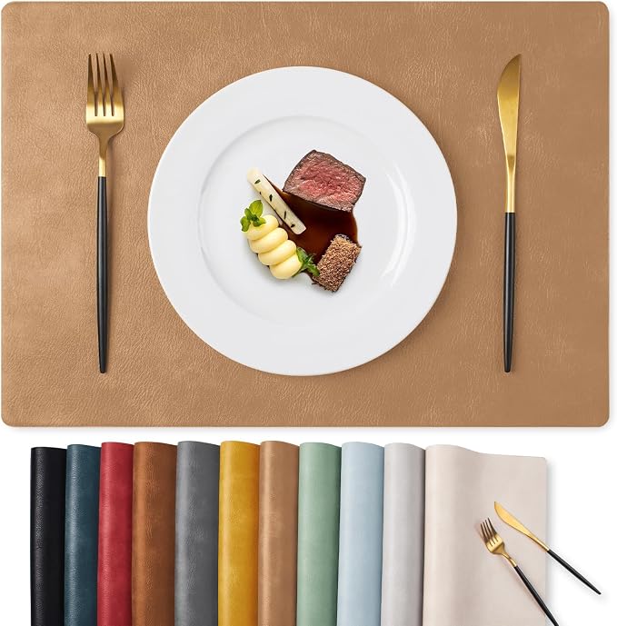 MOSAYT Vinyl Placemats Set of 6-12 X 17 Inch - Faux Leather 100% Waterproof Oil-Proof Wipeable PU Place Mats, Heat Resistant Reversible Table Mats for Kitchen, Dining, Outdoor, Camel by MOSAYT