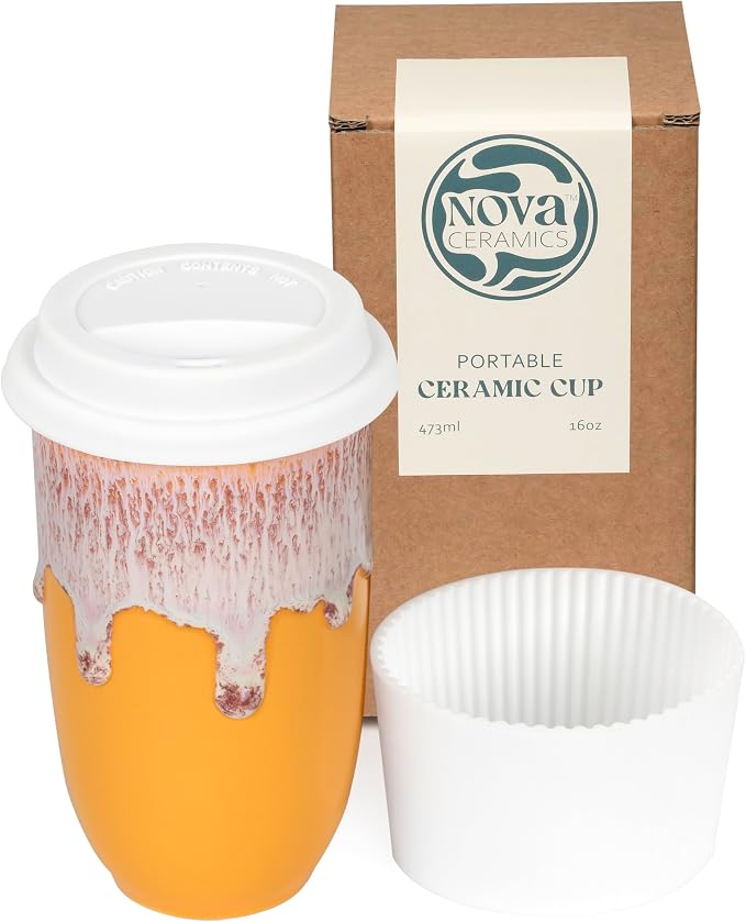 NOVA CERAMICS Ceramic Tumbler– Ceramic Travel Mug With Lid – Microwave & Dishwasher Safe Coffee White & Orange Tumbler - Gifts For Women Men Him Her – 16oz – Grapefruit by NovaCeramics