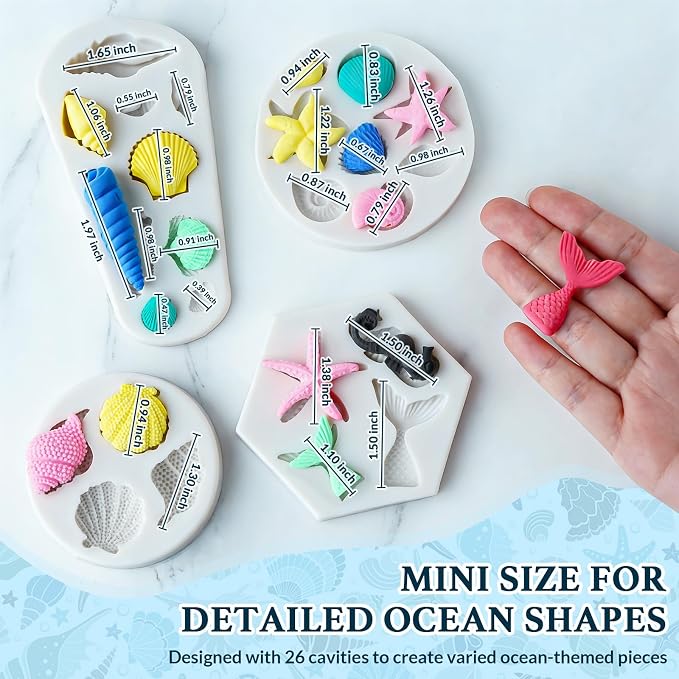 HKNMTT Marine Themed Silicone Mold for Polymer Clay Fondant, Seashell Mermaid Tail Starfish Ocean Seahorse Air Dry Clay Craft Cake Decor Wax Melt Chocolate Candy Mould DIY Cupcake Toppers BPA Free - Image 3
