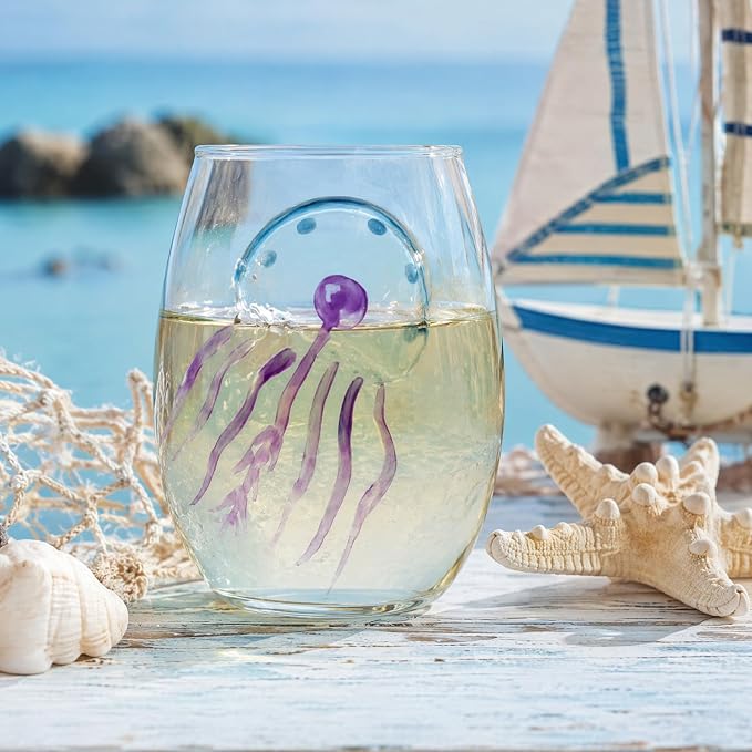 Ocean Themed Jellyfish Hand-Blown Coastal Glassware for Gifts | Ocean Themed Octopus Glassware Hand Blown Coastal Stemless Wine Glasses—Unique Coastal Decor Gift for Ocean Lovers - Image 5
