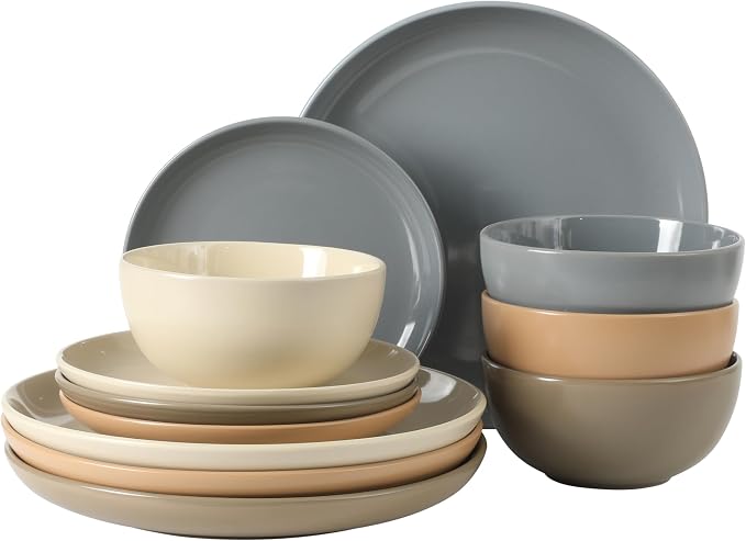 Gibson Home Rockaway 12 Piece Plates and Bowls Matte Outside/Shiny Inside Glaze Service for 4 Dinnerware Set - Assorted Color (Cream, Blue, Beige, Brown) - Dishwasher and Microwave Safe by GibsonHomewares