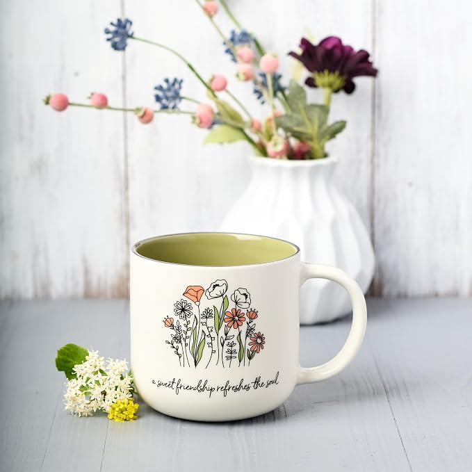 Christian Art Gifts Large Ceramic Coffee & Tea Mug for Women & Friends: Sweet Friendship - Proverbs 27:9 Scripture, Cute Microwave/Dishwasher Safe Floral Cup, Sage Green/White, 15 oz. - Image 3
