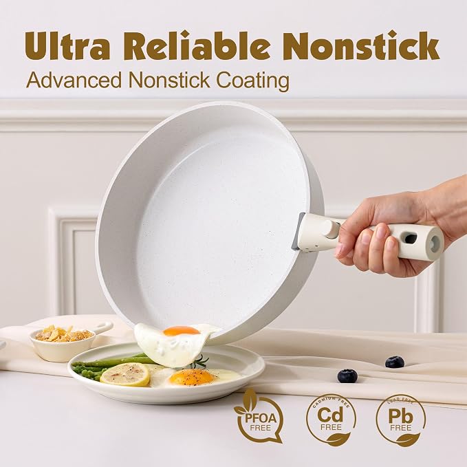 SENSARTE 17 Piece Nonstick Detachable Handle Pots and Pans Set White | Removable Handle Cookware Set, Induction Cookware Set with Removable Handle, Healthy Non Stick for RV, Dishwasher ＆ Oven Safe - Image 4