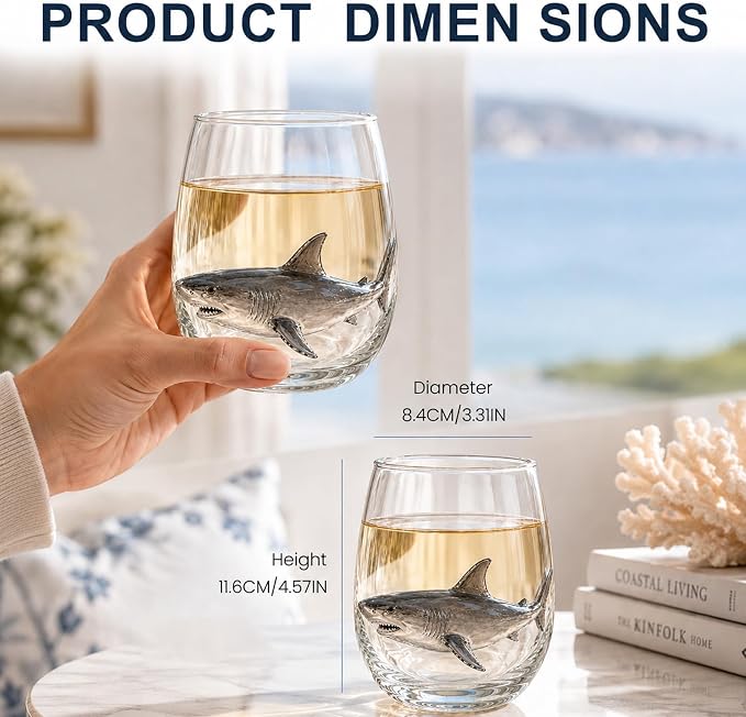Coastal Stemless Wine Glasses Set of 4, 12oz 3D Ocean Animal Artisan Glassware Collection with Unique Sea Life Designs (H - Set of 1) - Image 3
