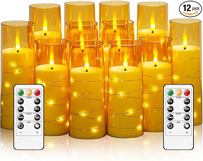 Sasigeiaa Flameless Candles with Embedded Star String - Battery Operated LED Candles, with Remote,12 Gold Flickering Candles for Christmas, Weddings, Home Decor & Party,(D 2.3"×H 5" 6" 7") by sasigeiaa