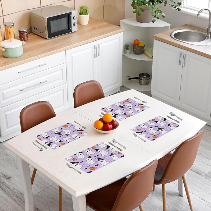 Feelyou Happy Halloween Placemats Set of 4 Cute Ghost Pumpkin Table Mats for Party Kitchen Dining Decoration Holiday Seasonal Purple White Place Mat for Dinner Table Indoor Outdoor 18"x12" Bats - Image 3