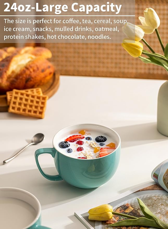 Teocera 24 oz Soup Bowls with Handles, Porcelain Large Coffee Mug Set, Jumbo Mugs, Soup Bowls Mugs set of 4 for Coffee, Oatmeal, Stew - Striped Design, Turquoise - Image 5