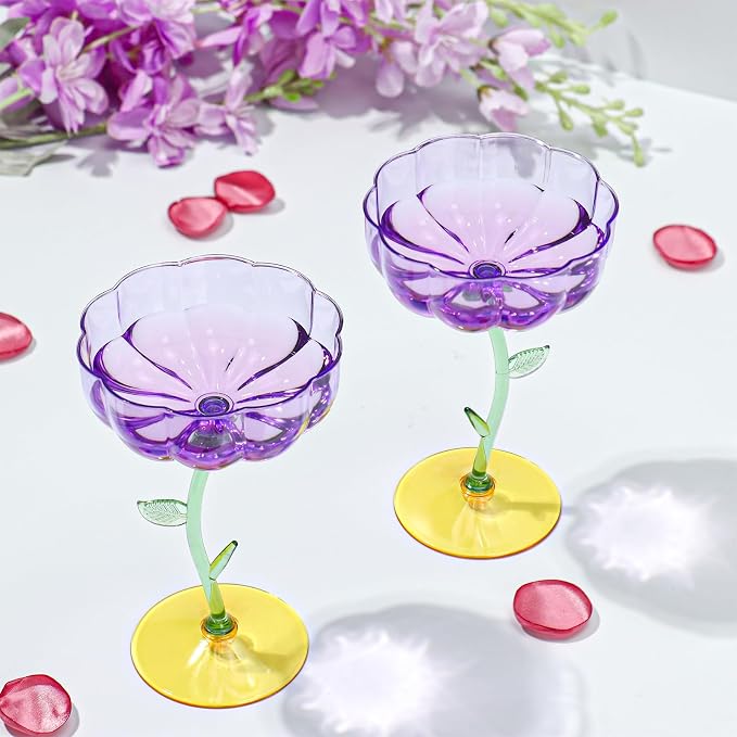 48 Pcs Purple Plastic Ribbed Coupe Glasses Detachable 7oz Flower Cocktail Glasses Modern Wavy Plastic Cocktail Coupes Disposable Martini Glasses Mimosa Glassware champagne goblets (48, Purple) - Image 4