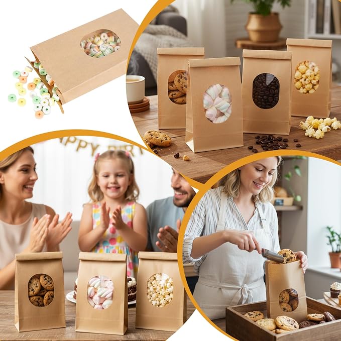 Bakery Bags with Window, 100Pcs, 5.1x2.75x9.6 in, Kraft Paper, Reusable | Airtight tin tie lock + clear window: reusable food-safe kraft bags for bread, cookies, coffee beans, snacks & party favors - Image 6